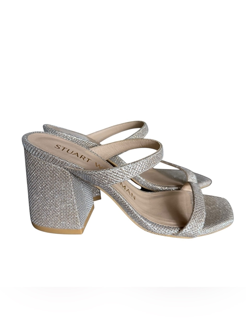 Stuart Weitzman nudist block heel sandle in Crystal Lamé Fabric size 6